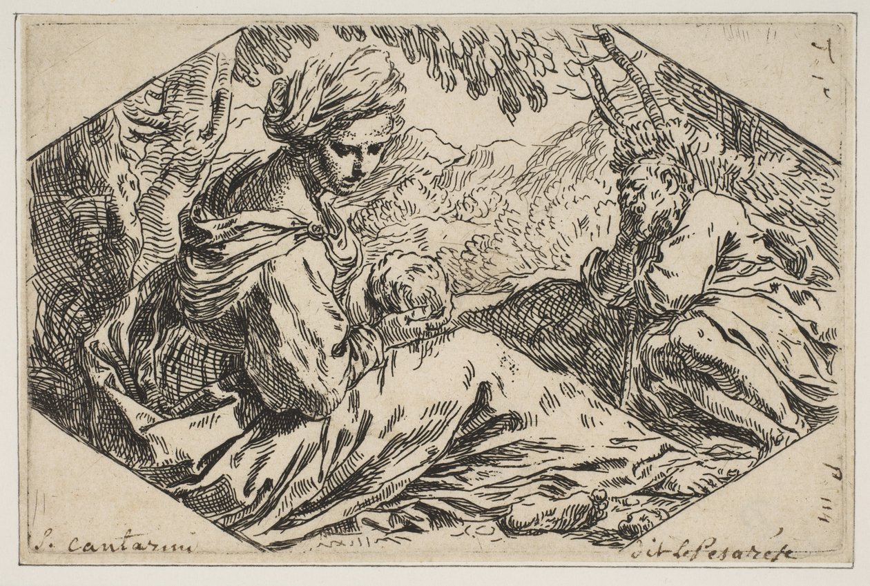 Descanse no Egito, Maria segurando e olhando para o bebê Cristo, enquanto São José ..., ca. 1637-1639. de Simone Cantarini