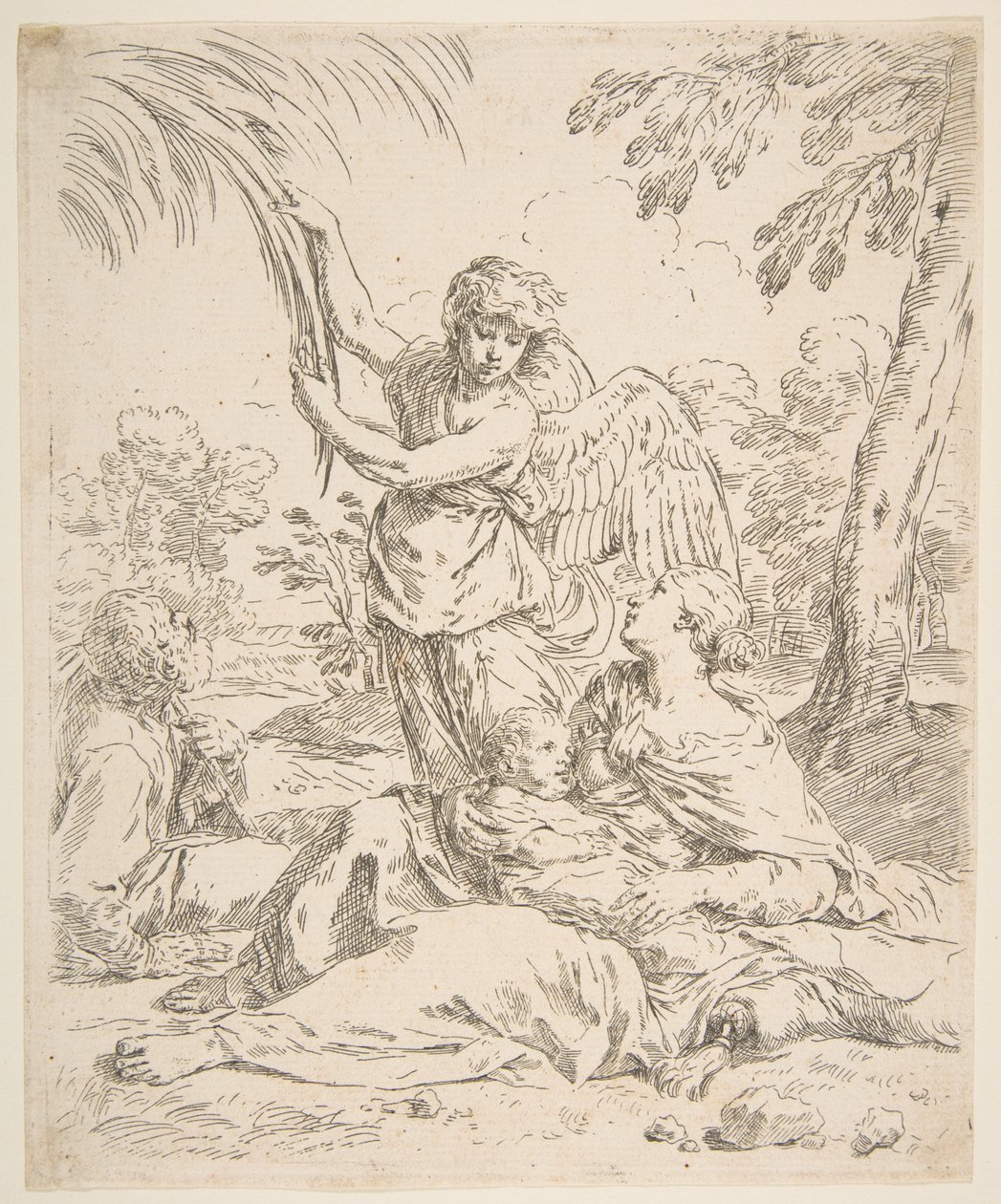 Descansar no Egito, Maria amamentando o bebê Cristo enquanto um anjo puxa galhos de árvores, ca. 1639 de Simone Cantarini