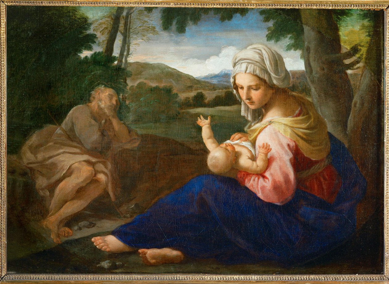 Descanso no voo para o Egito (pintura sobre tela) de Simone Cantarini