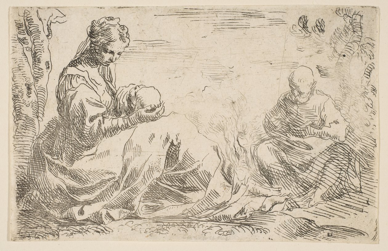 Descanse na fuga para o Egito, Maria segurando e olhando para o bebê Cristo enquanto St ...., ca. 1637 de Simone Cantarini