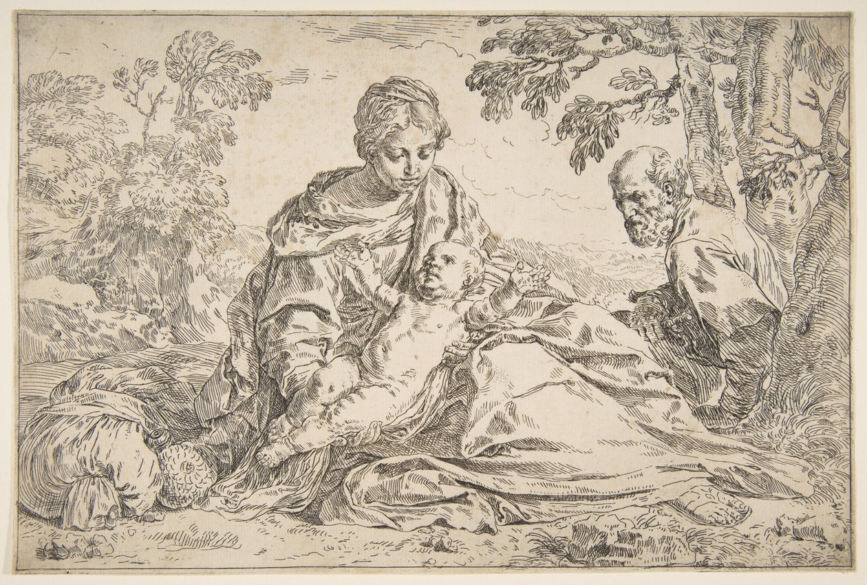 Descanse na fuga para o Egito, Maria segurando o menino Cristo com São José à direita, ca. 1640. de Simone Cantarini