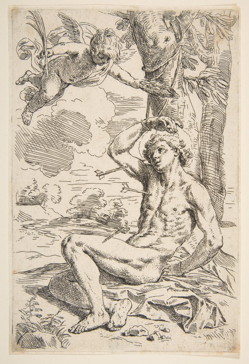 São Sebastião perfurado por flechas e amarrado a uma árvore, ca. 1639 de Simone Cantarini