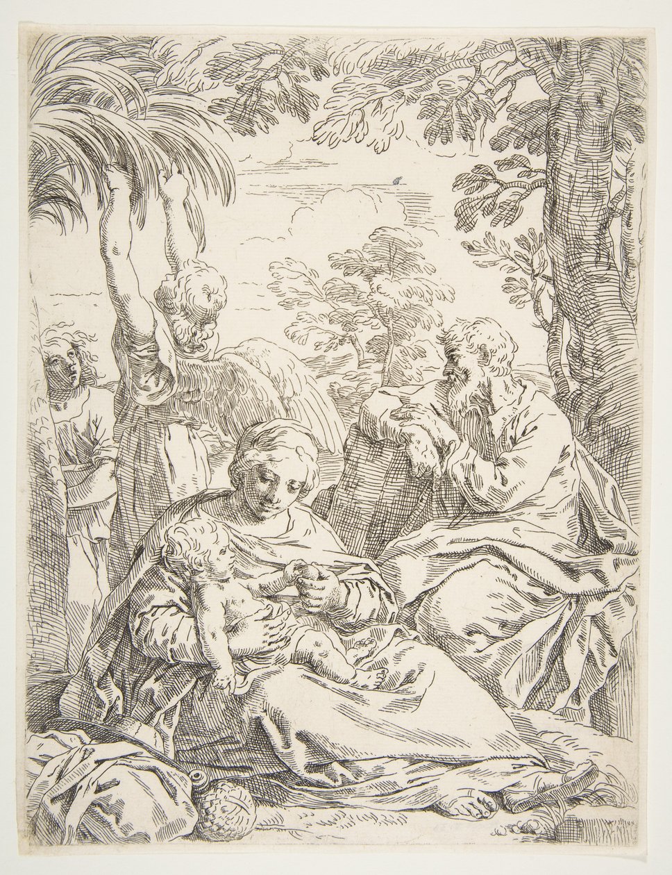 A Sagrada Família descansando em sua fuga para o Egito, ca. 1637-1639. de Simone Cantarini