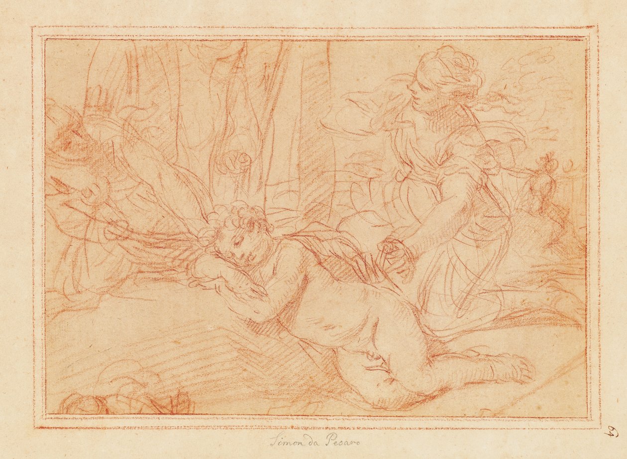 Vénus e as ninfas a desarmar o Cupido (giz vermelho sobre papel) de Simone Cantarini