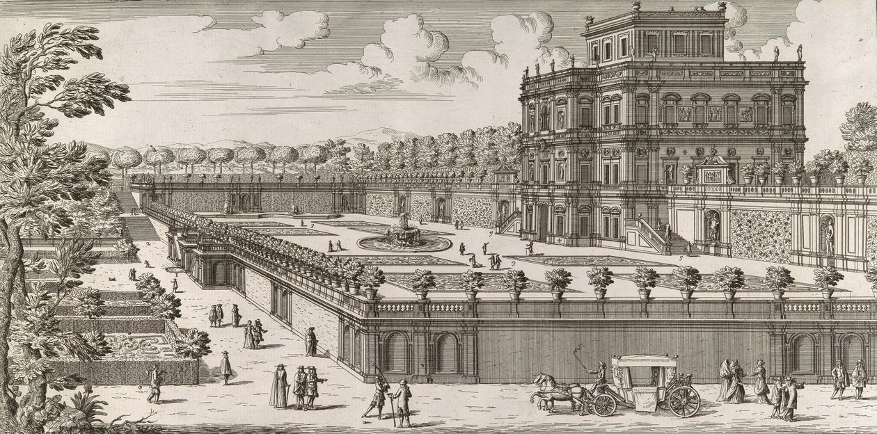 Vista da fachada do Palazzo Pamphili e seu jardim Secondo Prospetto Pe..., após de Simone Felice