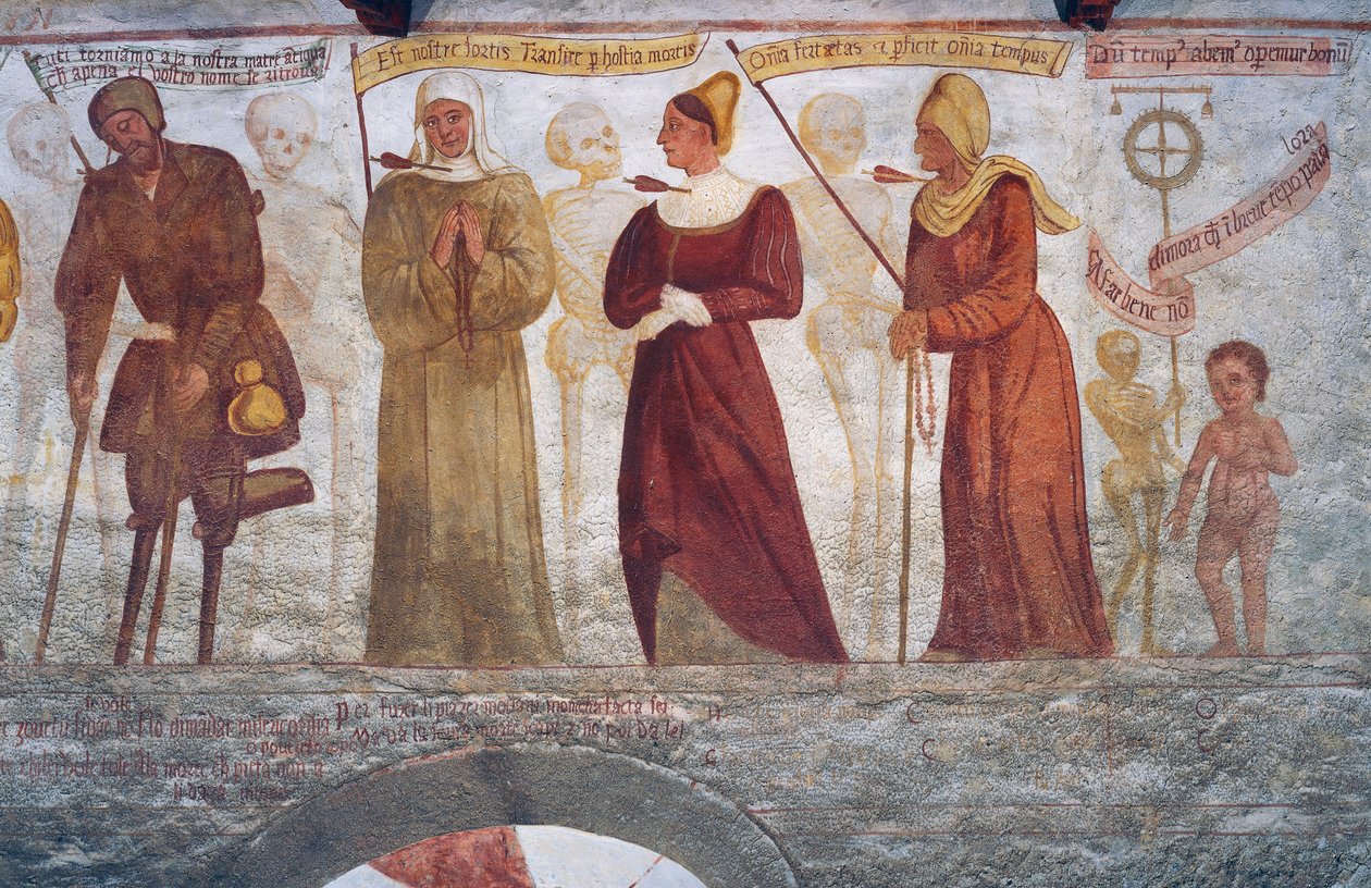 Morte com o coxo, a freira, a jovem, a velha e a criança, detalhe de A Dança da Morte de Simone II Baschenis