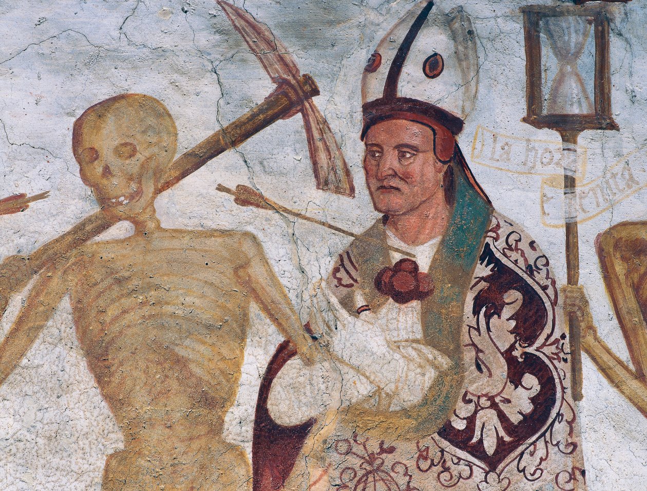 O Bispo e a Morte, detalhe de A Dança da Morte de Simone II Baschenis