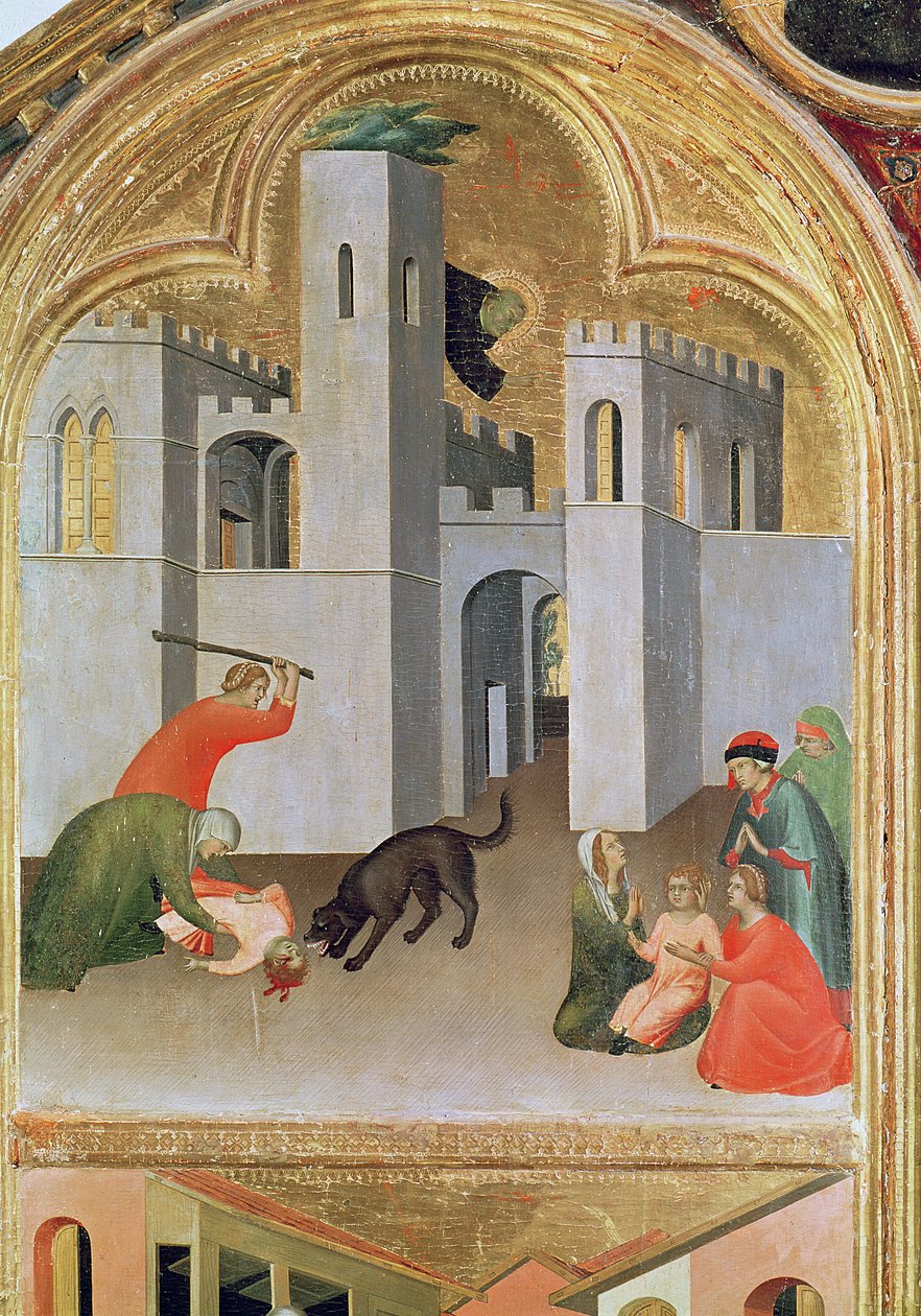 Agostino Novella Resgatar uma Criança Mordida por um Cão, detalhe do Altar de Agostino Novello, c.1328 (tempera no painel) de Simone Martini