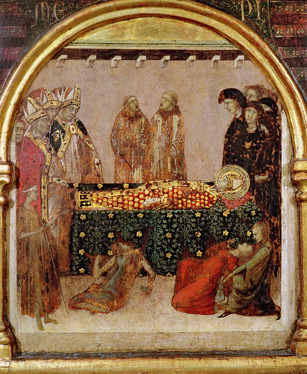 Cura dos doentes no dia da morte do painel predella de São Luís de Toulouse (1274-97) do Altar de São Luís de Toulouse, 1317 (têmpera no painel) de Simone Martini