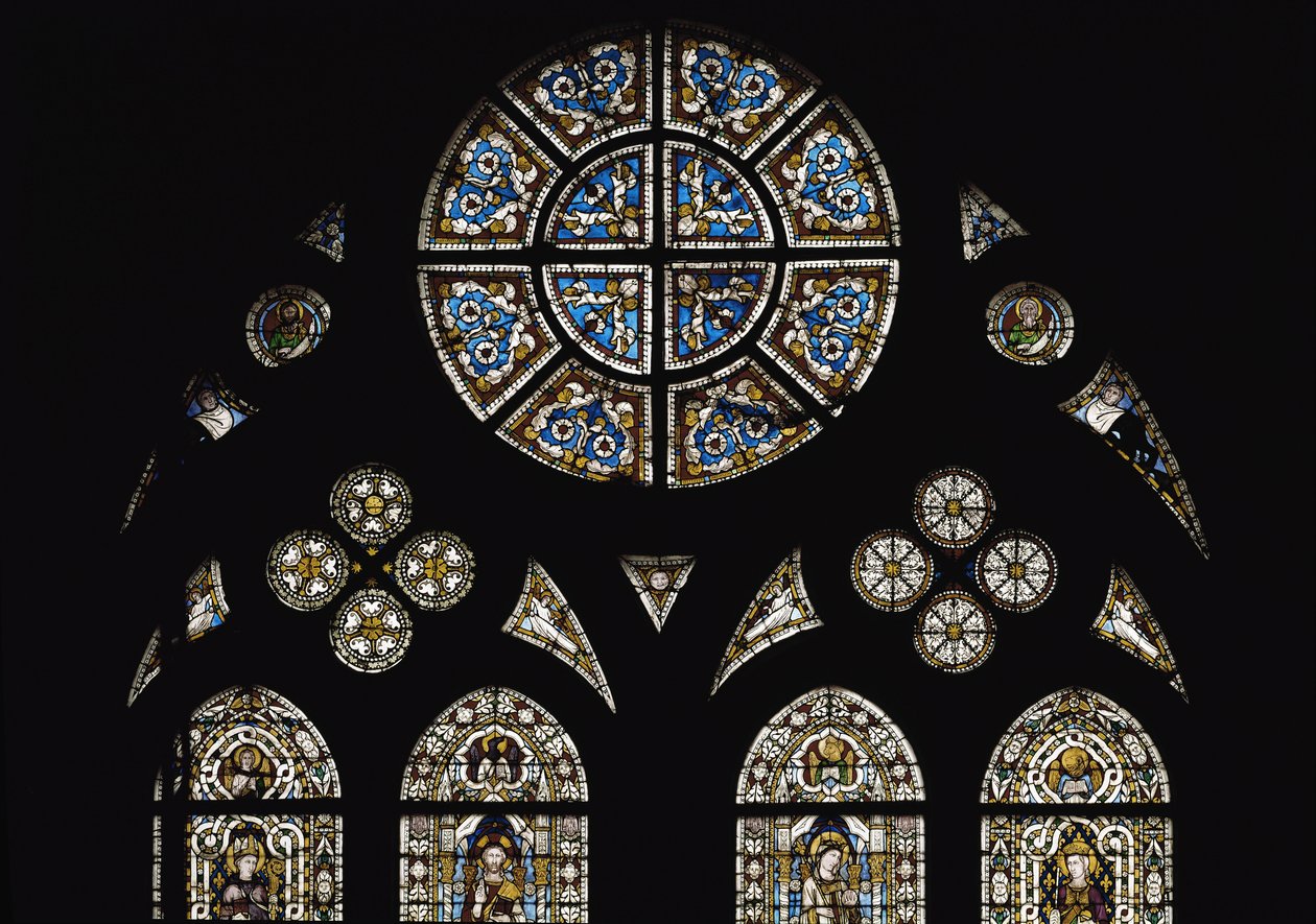 Detalhe da roseta central, com nas janelas ovais símbolos dos evangelistas - Vidro manchado por Simone Martini (ca. 1284-1344), cm. 570x400. Basílica de São Francisco de Assis, Igreja Baixa, Capela de São Luís, Assis. de Simone Martini