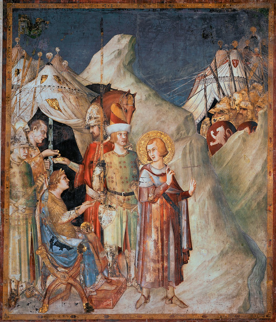 Episódios da vida de São Martinho: "São Martinho de Passeios renuncia às armas" Fresco de Simone Martini (1285-1344). 1312-1317 - Dim 265x230 cm Basílica inferior de São Francisco de Assis; Capela de São Martinho, Assis de Simone Martini