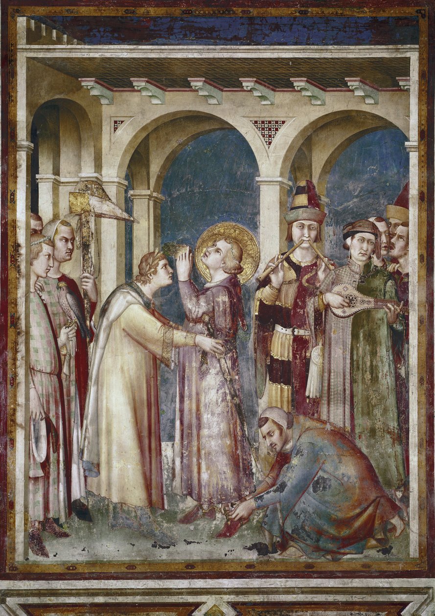 Fresco da vida de São Martinho. São Martinho é um cavaleiro, detalhe. O eveque Saint Martin de Tours e os músicos. Pintura de Simone Martini (1280-1344). Fresco de Simone Martini