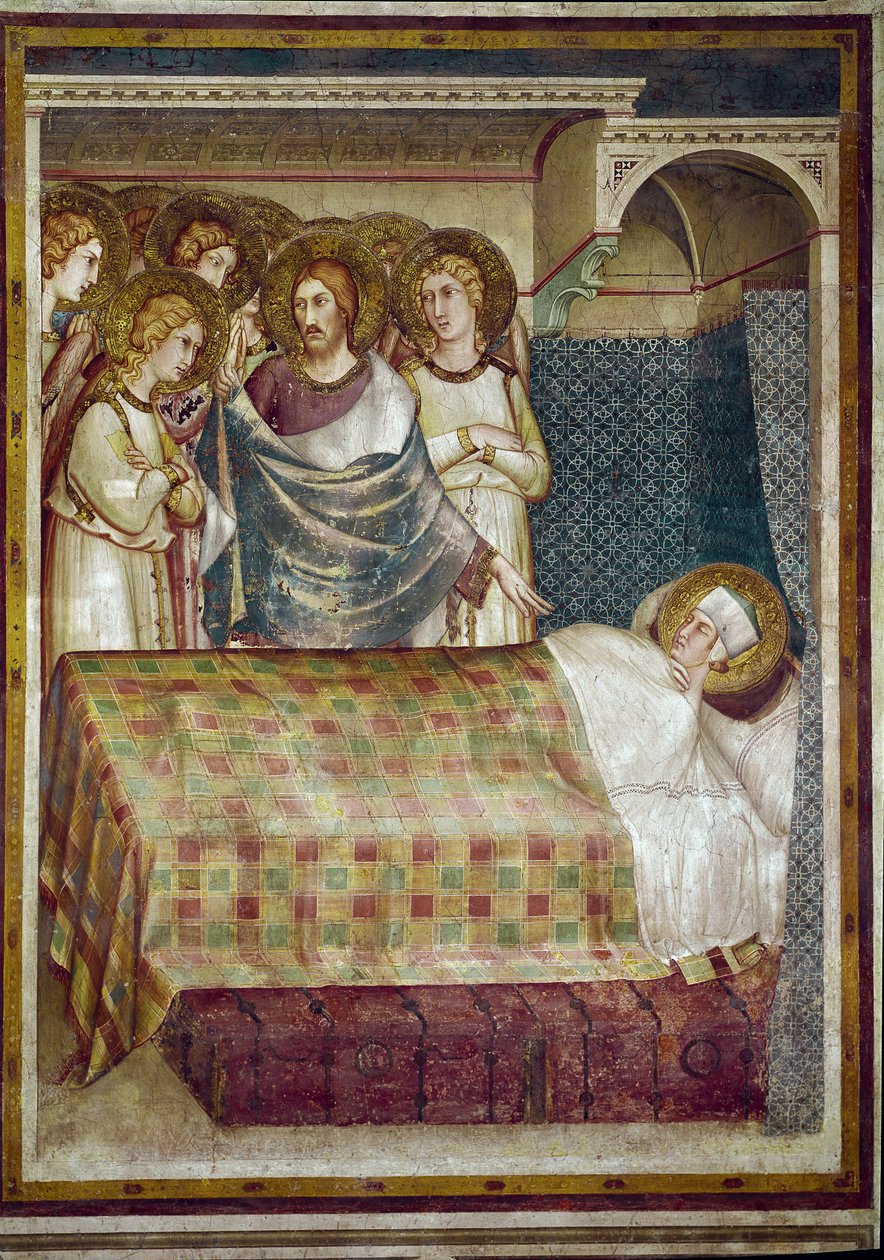 Fresco da vida de São Martinho. O sonho de São Martinho: Cristo, rodeado de anjos, revela-lhe que era o mendigo a quem ele deu o seu casaco. Pintura de Simone Martini (1280-1344). Fresco de Simone Martini