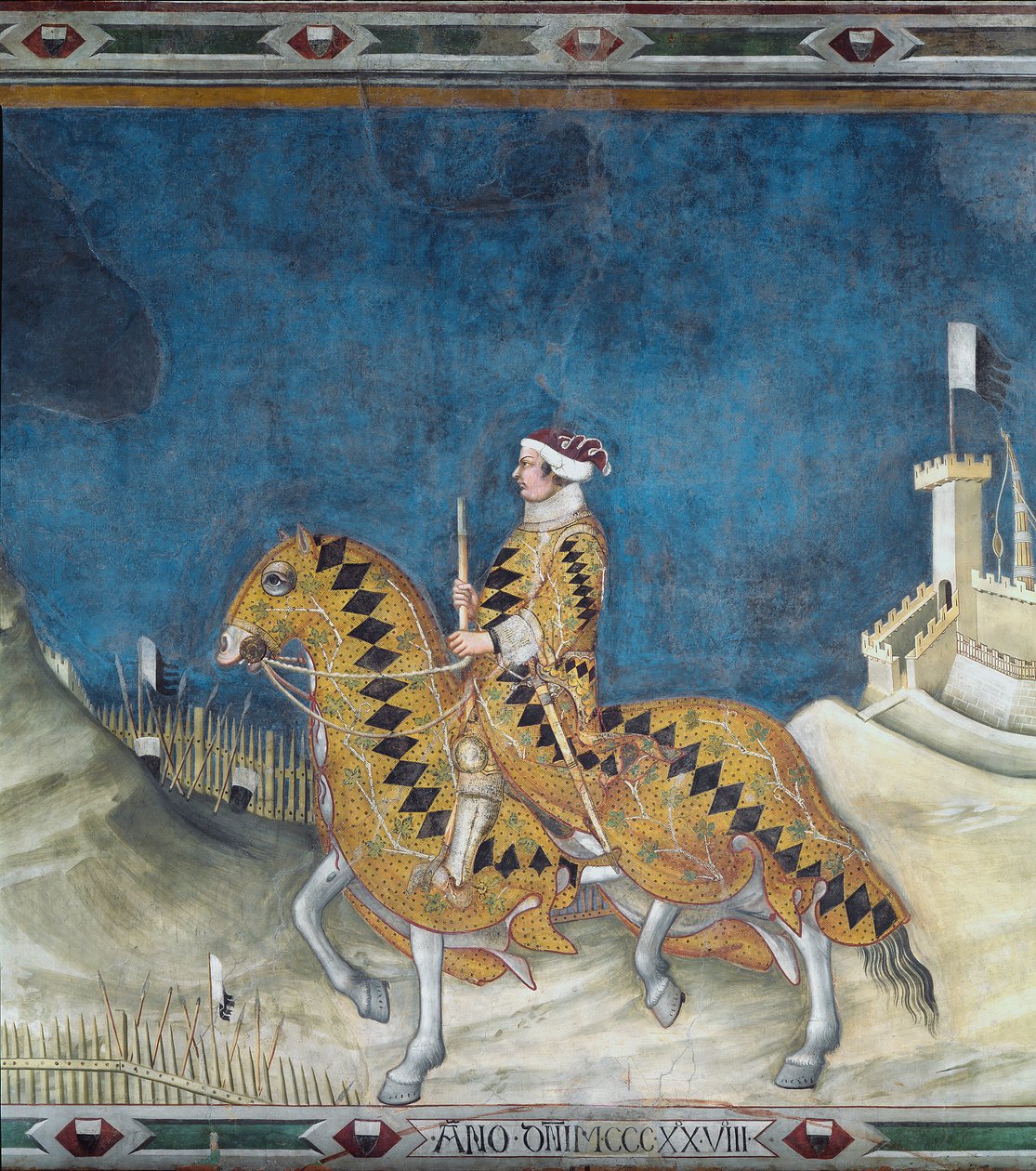 Guidoriccio da Fogliano. Guido Riccio da Fogliano (falecido em 1352), comandante (condottiero) do exército de Siena, durante a captura do castelo de Montemassi em Maremma (Maremma), em 1328. Fresco por Simone Martini (1284-1344) de Simone Martini