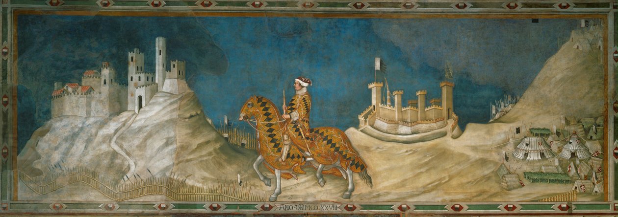 Guidoriccio da Fogliano, condottiere, cavalgando pelas montanhas áridas que rodeiam Siena (pintura mural) de Simone Martini