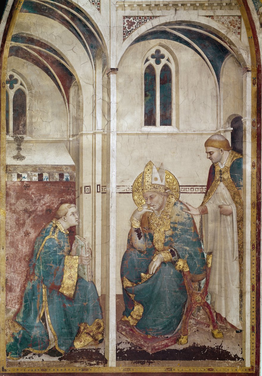 Vida de São Martinho de Tours (316-397): São Martinho em meditação (São Martinho de Tours meditando) - Fresco por Simone Martini (ca. 1284-1344), ca. 1312-1317, cm. 390x200 - Basílica de São Francisco de Assis, capela da igreja baixa de São Martinho, Assis de Simone Martini