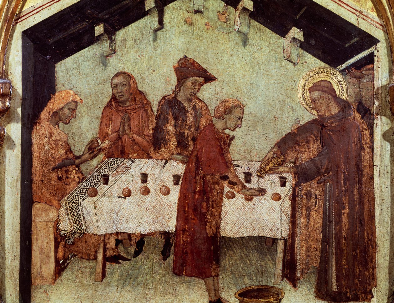 Luís servindo os monges à mesa, detalhe da Vida de Luís de Toulouse, da predela de São Luís Bispo de Toulouse coroando seu irmão Robert de Anjou, Rei de Nápoles de Simone Martini