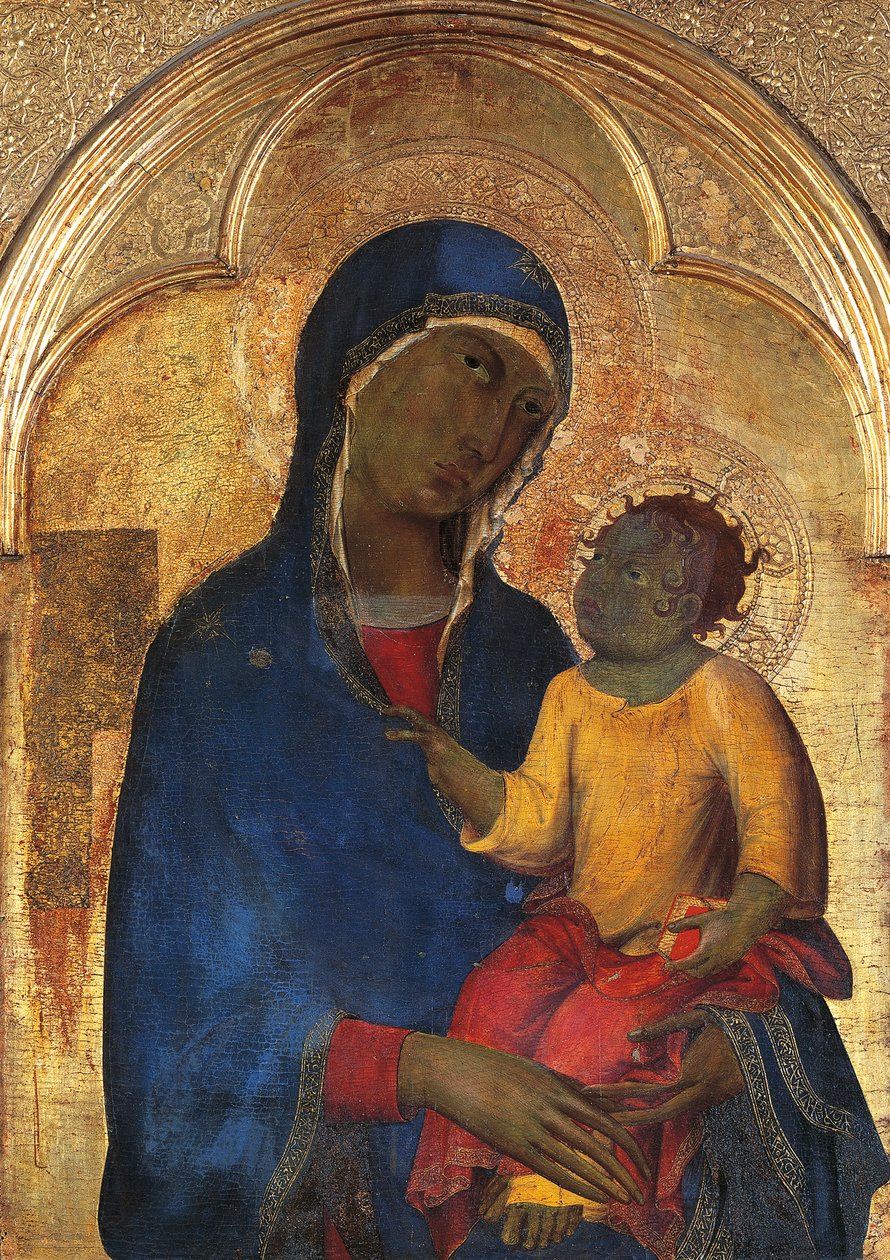 Madonna and Child, detalhe do Retábulo de San Domenico de Simone Martini (1283-1344), têmpera e ouro sobre painel de madeira de Simone Martini