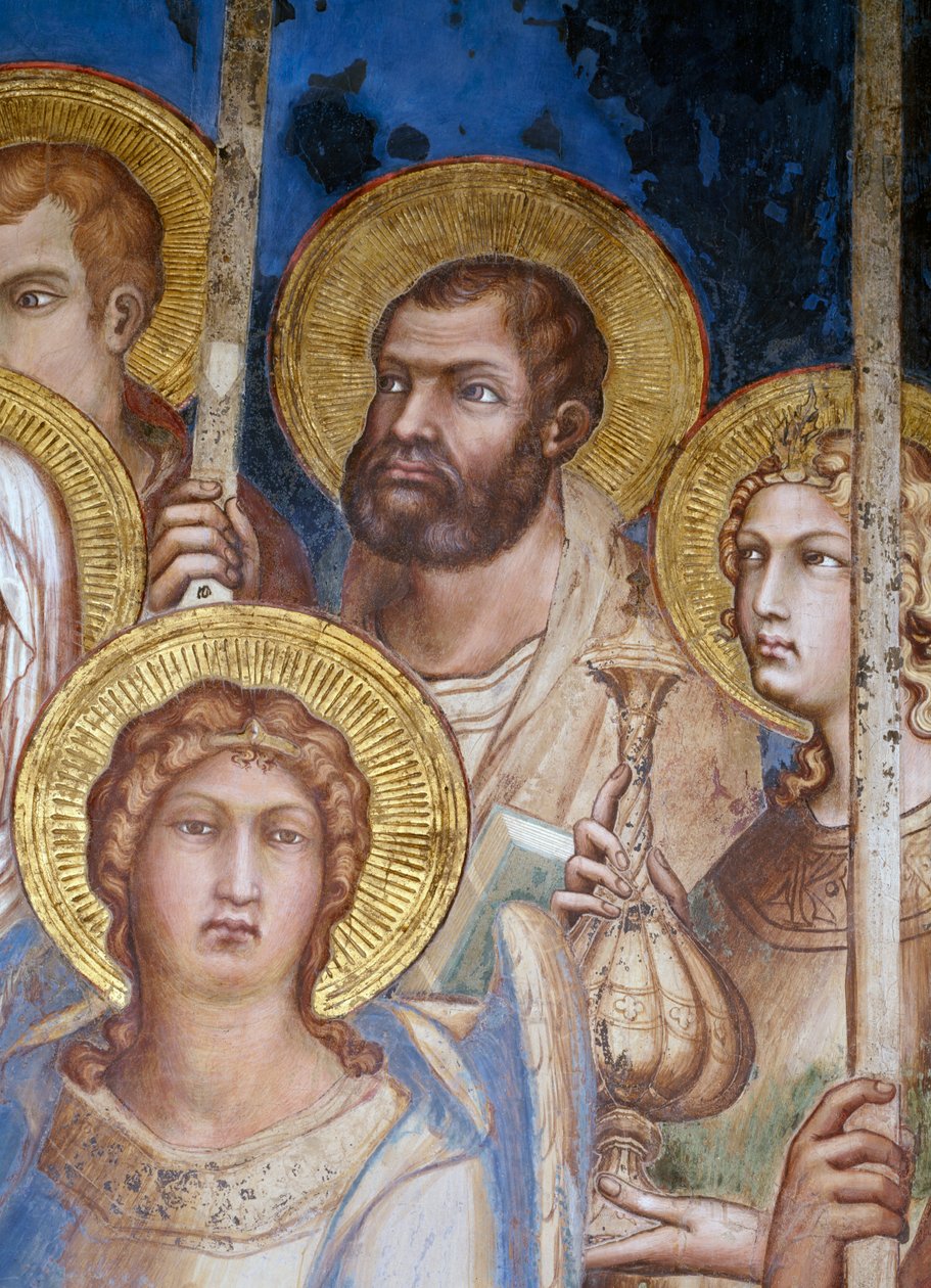 Maesta, detalhe dos santos, 1315 afrescos de Simone Martini