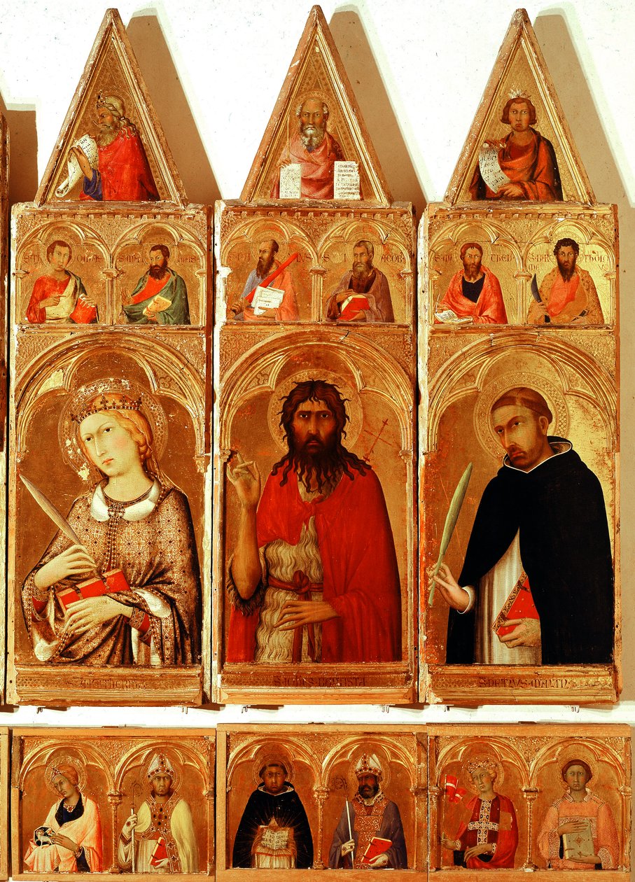 Santa Catarina de Alexandria, São João Baptista, São Pedro de Verona. Detalhe de Santa Catarina de Alexandria Polyptych (tempera e ouro sobre madeira de Simone Martini