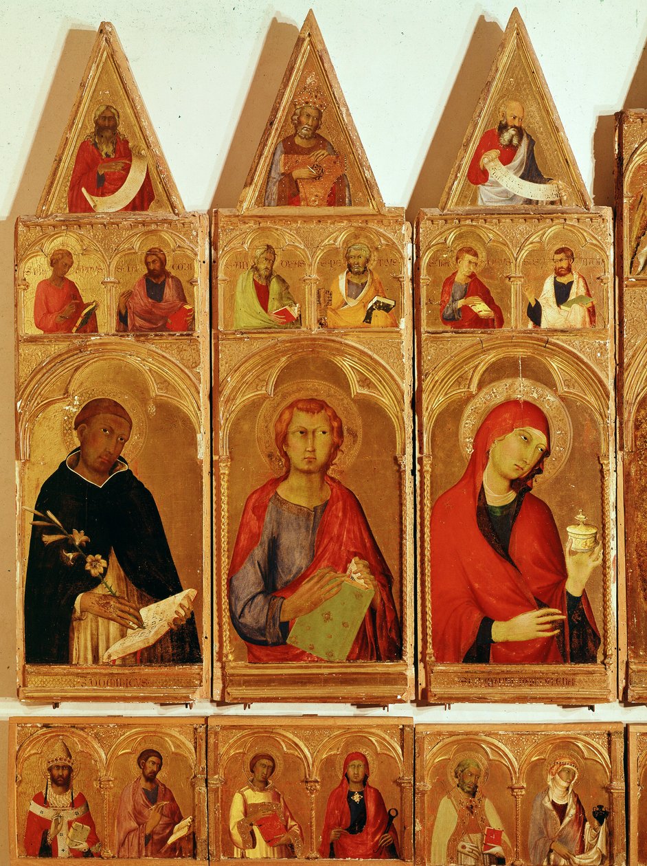 São Domingos, São João Evangelista, Santa Maria Madalena. Detalhe de Santa Catarina de Alexandria Polyptych (tempera e ouro sobre madeira de Simone Martini