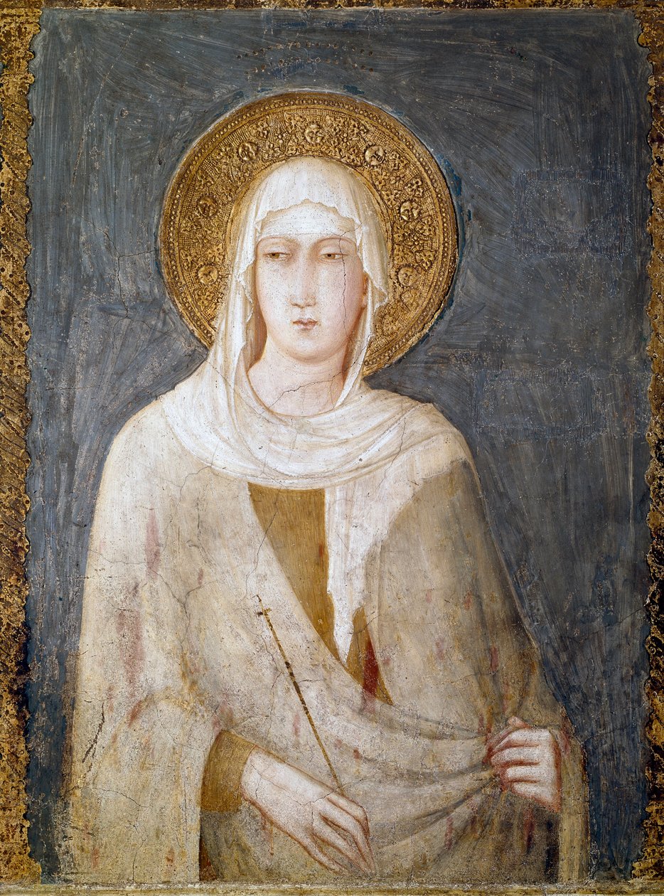 Santa Margarita de Antioquia (anteriormente conhecida como Santa Clara) Fresco por Simone Martini Dim. 120 cm. Por volta de 1322. Assis (Assis), basílica inferior de São Francisco, transepto direito. Itália ©Luisa Ricciarini/Leemage de Simone Martini