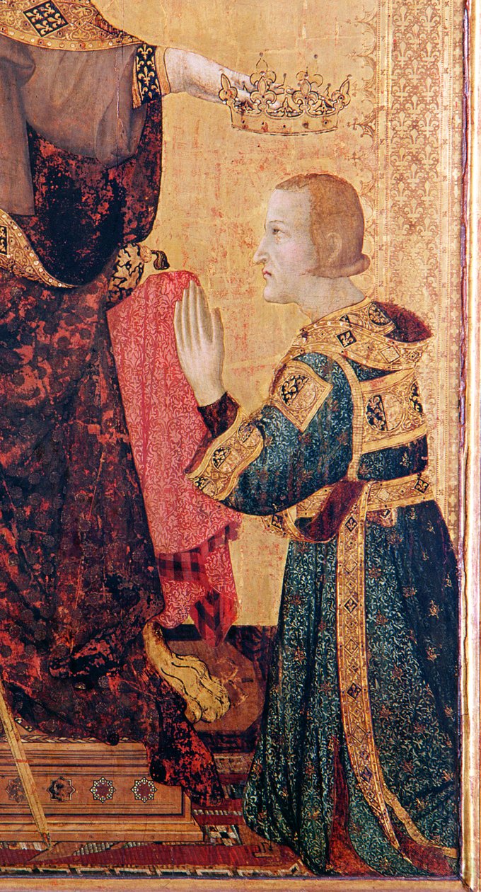 São Luís de Toulouse (1274-97) coroando seu irmão, Roberto de Anjou (1278-1343) do altar de São Luís de Toulouse, 1317 (têmpera no painel) (detalhe de 183716) de Simone Martini