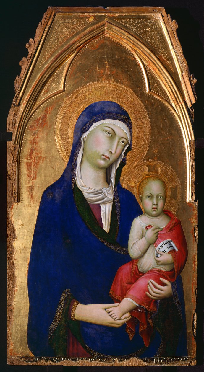 A Madonna e a Criança, detalhe de Altarpiece of St Dominic, de Simone Martini (1283-1344), tempera e ouro sobre painel de madeira de Simone Martini