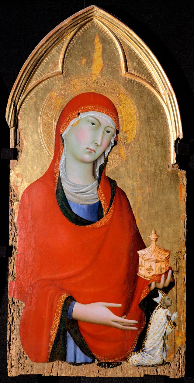 A Madalena, detalhe de Altarpiece of St Dominic, de Simone Martini (1283-1344), tempera e ouro sobre painel de madeira de Simone Martini