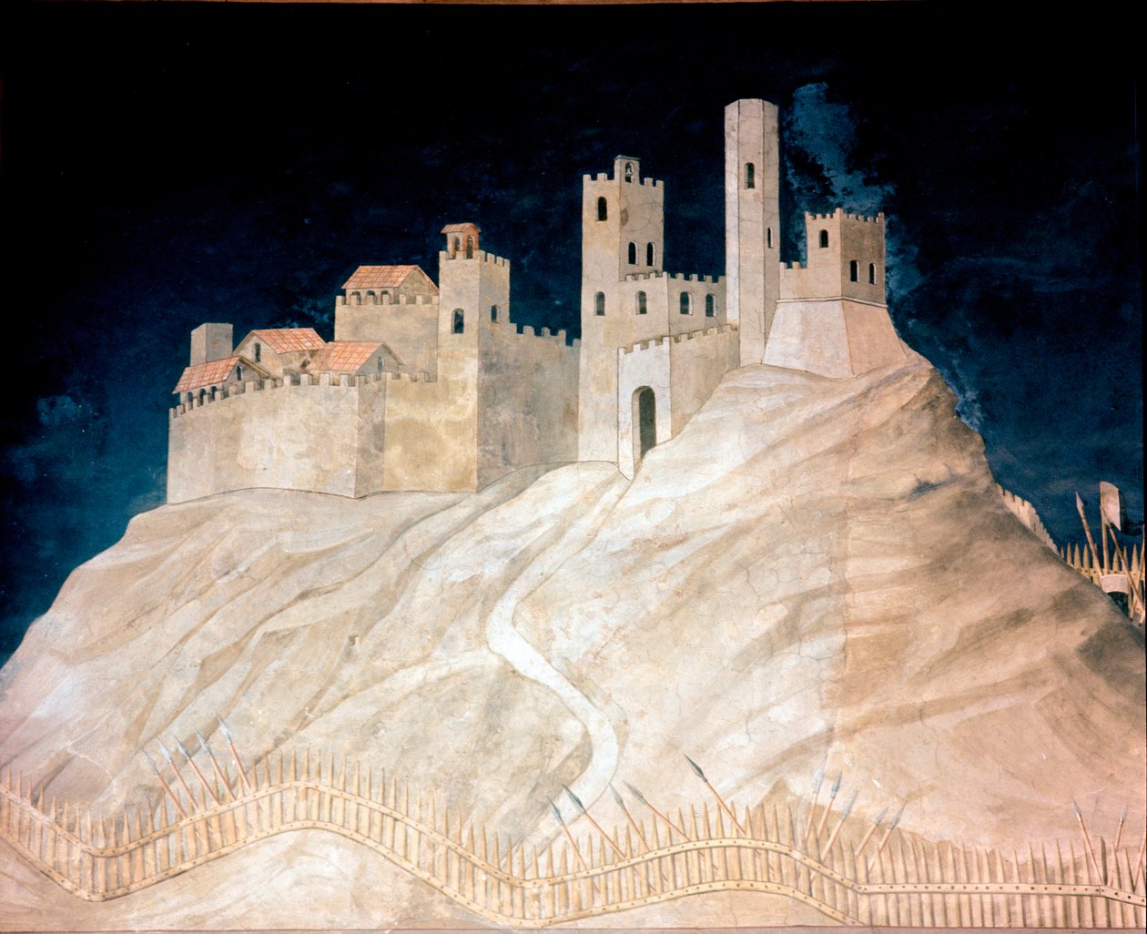 Vista do castelo de Montemassi em Maremma (Maremma) em 1328. Fresco por Simone Martini (1284 ca.-1344) de Simone Martini