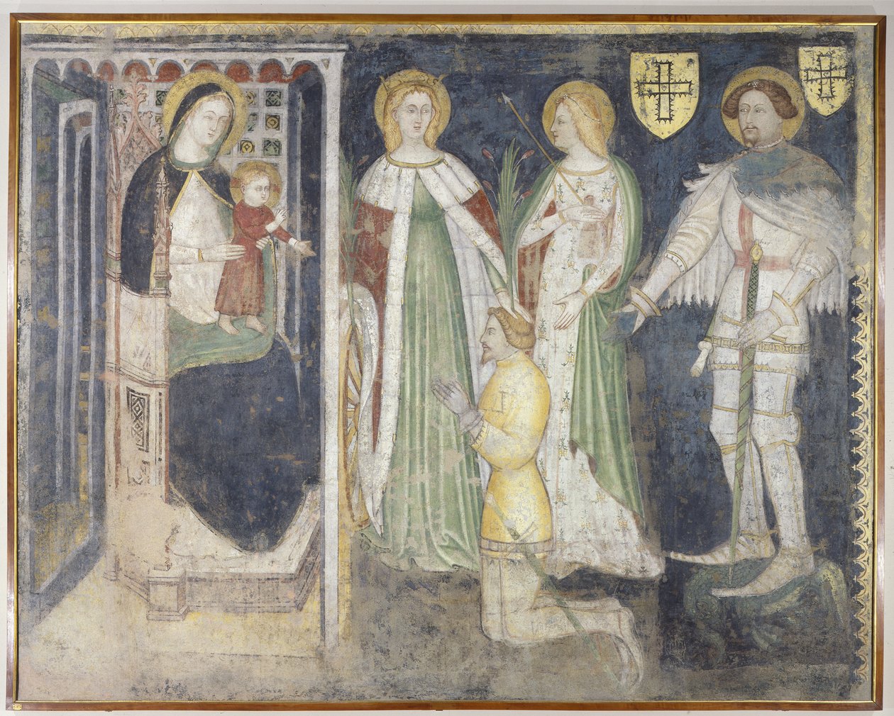Madonna e Criança com Santa Catarina, Santa Úrsula, São Jorge e o Patrono, Teodórico de Chur de Simone da Corbetta