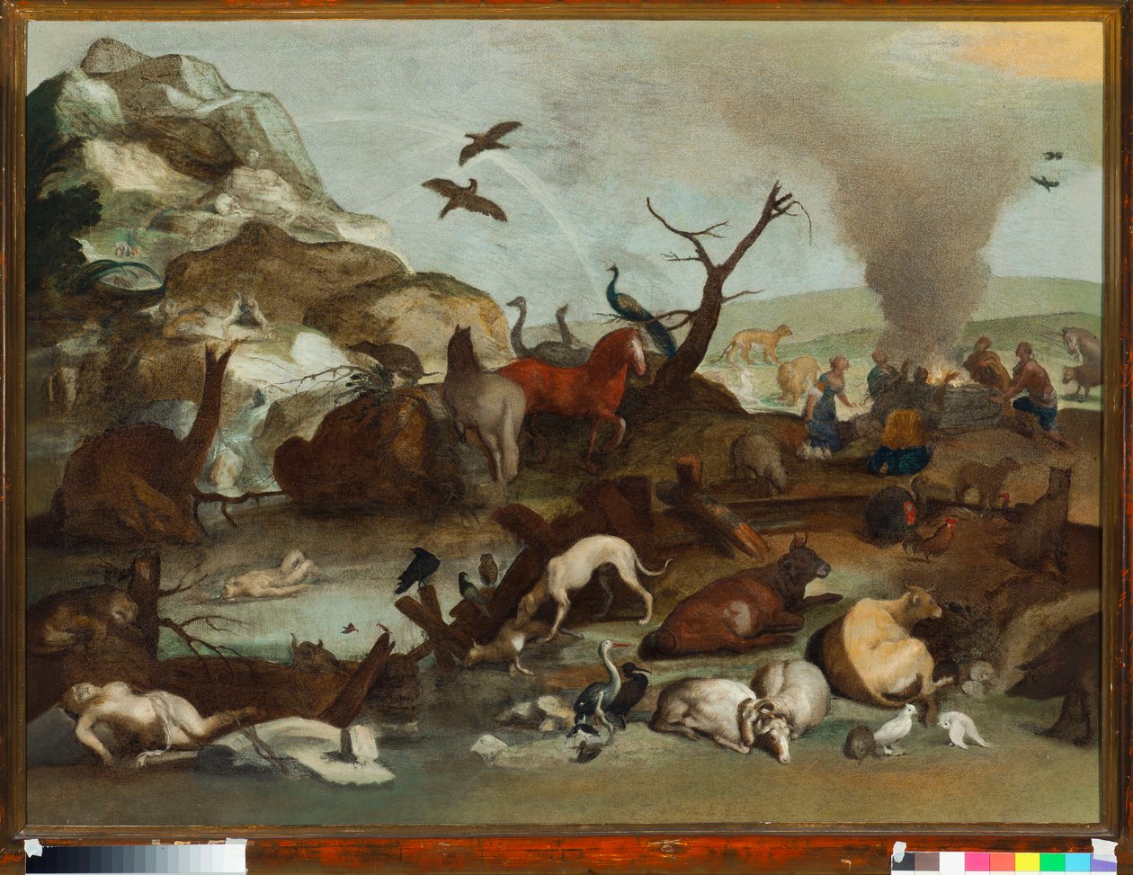 O sacrifício de Noé após a cheia Pintura de Sinibaldo Scorza (1589-1631) Século 17 Dim 70x101 cm Genes, Musei di Strada Nuova (ex Palazzo Rosso) de Sinibaldo Scorza