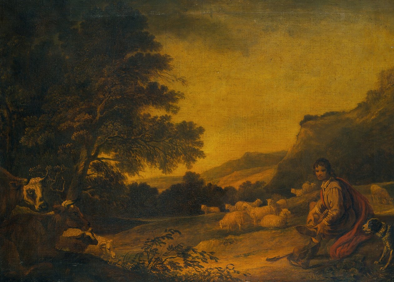 Paisagem com gado (um jovem Sheperd com seu rebanho) de Sir Peter Francis Bourgeois