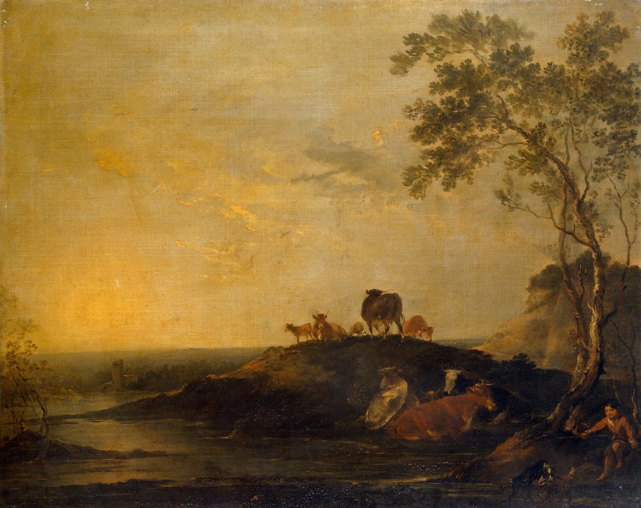 Paisagem com gado (vacas em um Hillock por um córrego) de Sir Peter Francis Bourgeois