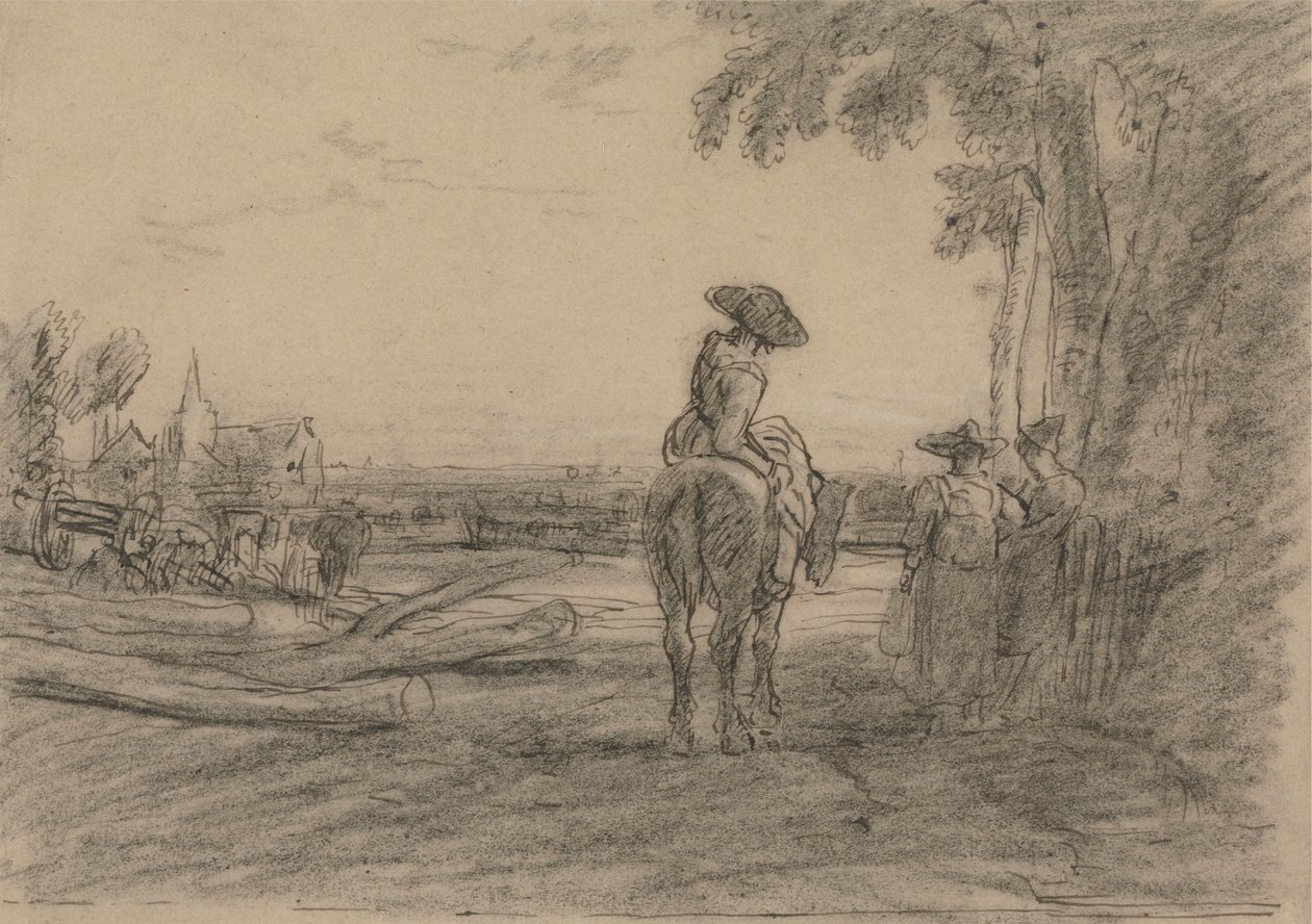 Mulher a cavalo com duas mulheres de pé com vista para uma paisagem de Sir Augustus Wall Callcott