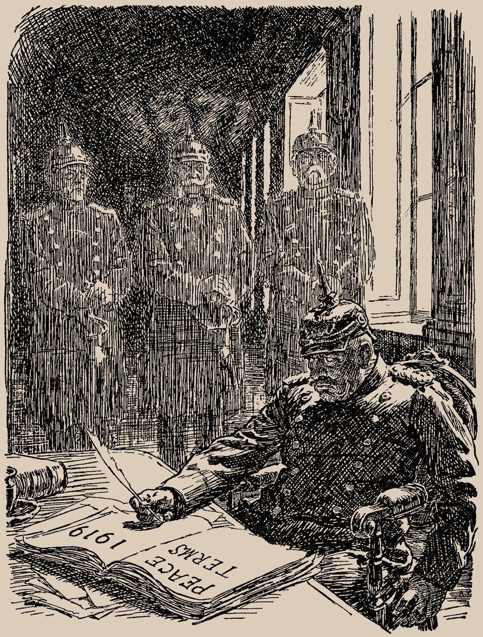 Fantasmas em Versalhes. Punch, 7 de maio de 1919, 1919. de Sir Bernard Partridge