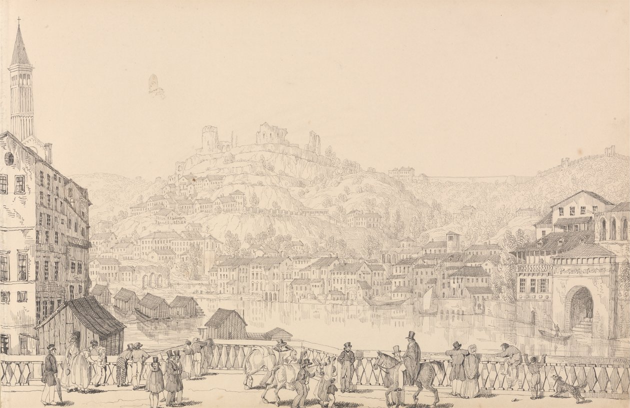 Álbum de 30 Vistas no Tirol e em Itália: Cidade de Verona e Castelo de San Pietro a partir de outra ponte, 1 de Novembro de 1840 de Sir Charles D