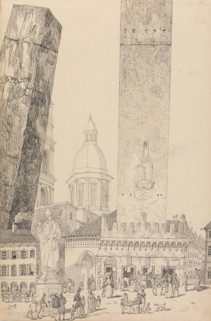 Álbum de 30 Vistas no Tirol e em Itália: Torres inclinadas, Estátua de São Francisco, Bolonha 12 de Nov.r 1840 de Sir Charles D