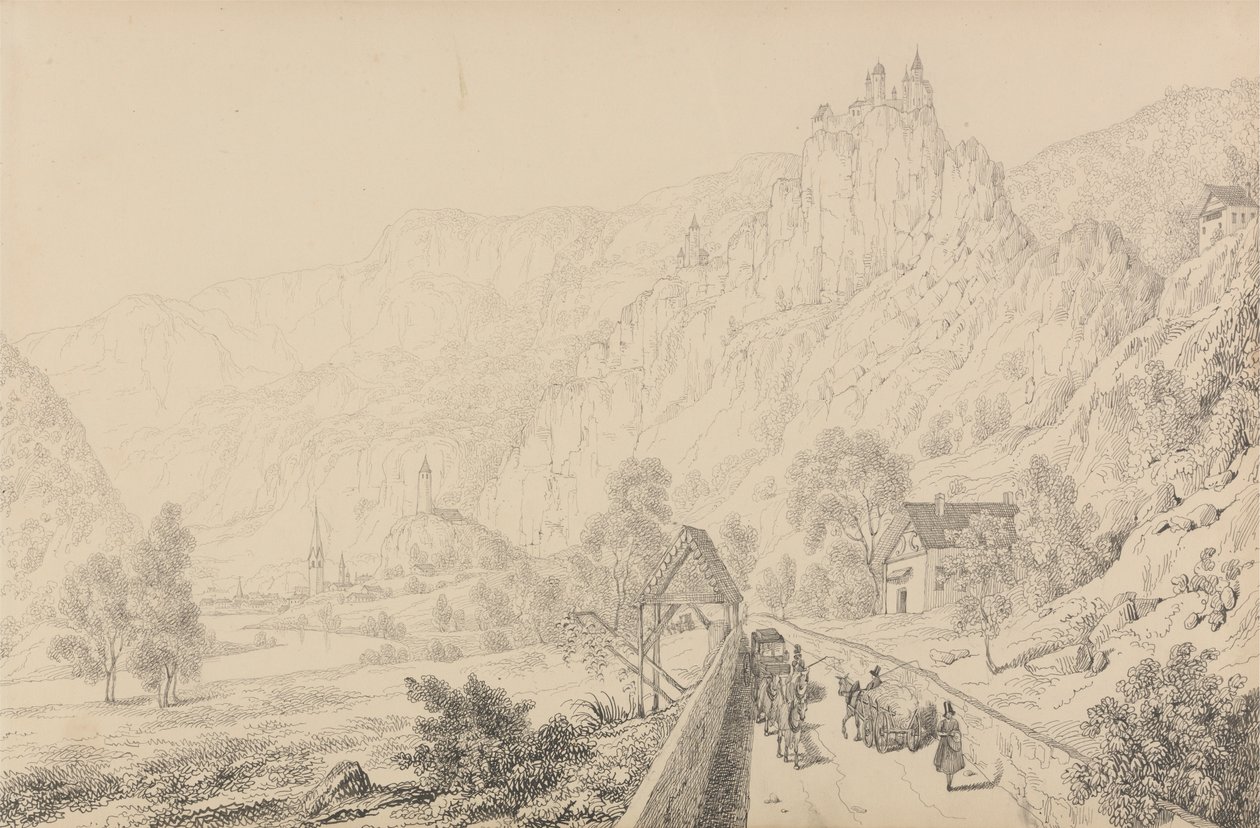 Álbum de 30 Vistas no Tirol e em Itália: As Ruínas do Convento de Seben perto de Klausen, 27 de Out.r 1840 de Sir Charles D