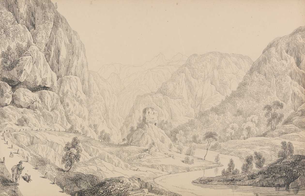 Álbum de 30 Vistas no Tirol e em Itália: Vista no Eisak perto de Mittenwald, 27 de Out.r 1840 de Sir Charles D