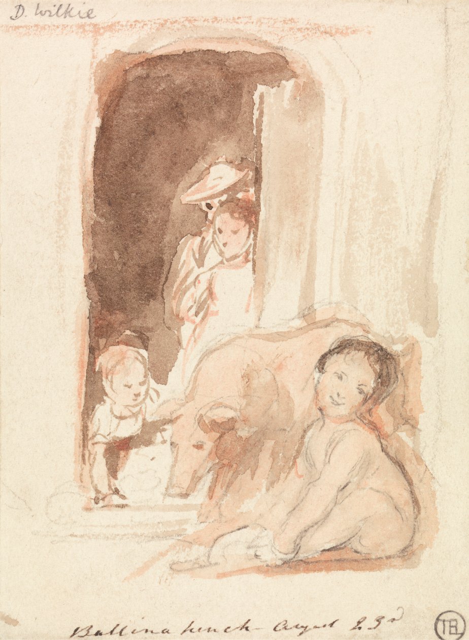 Crianças com Porco numa Porta em Ballynahinch, Irlanda de Sir David Wilkie