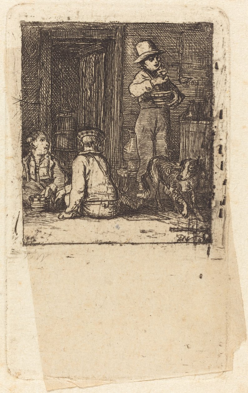 Interior com três meninos e um cachorro de Sir David Wilkie