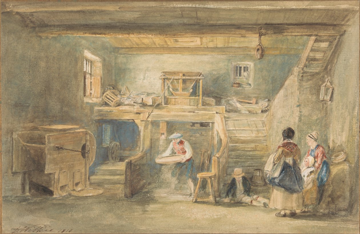 O interior do moinho de Pitlessie com um homem a peneirar o milho de Sir David Wilkie
