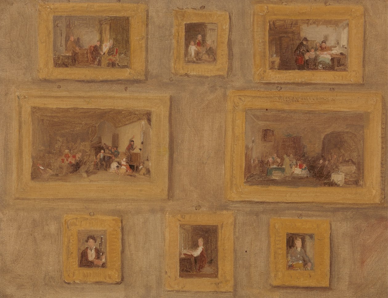 A única criança; A harpa do judeu; O dedo cortado; O Buff do cego; O dia de aluguer; A flauta escocesa; O Prieu-Dieu; e Auto-retrato: Um Esboço das Oito Pinturas emolduradas e Penduradas num Muro de Sir David Wilkie