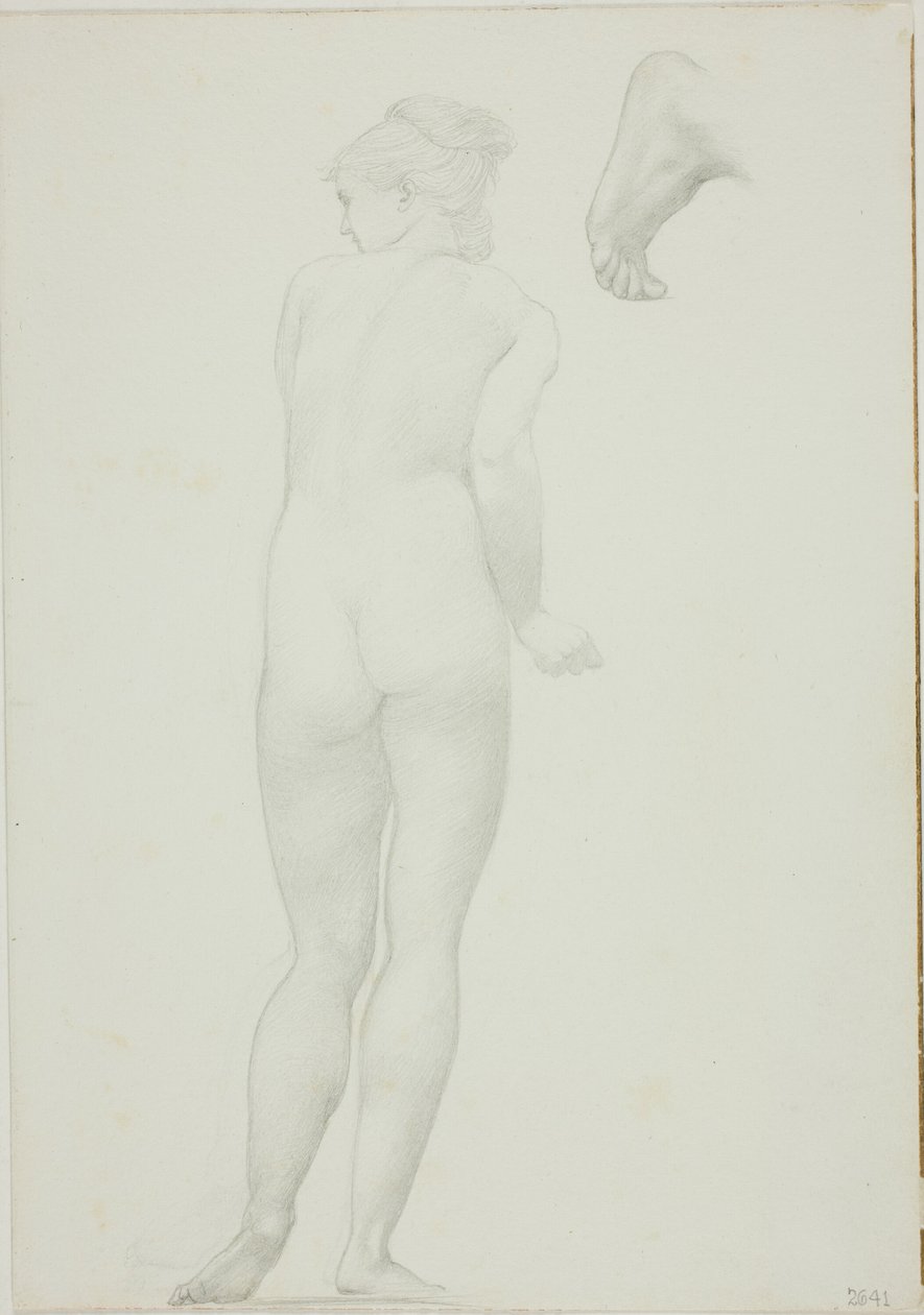 Backview da mulher nua em pé e esboço de um pé de Sir Edward Burne Jones