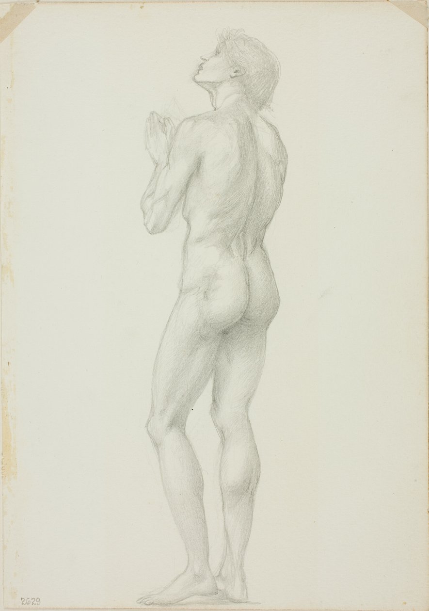 Nu masculino em pé com as mãos entrelaçadas em oração de Sir Edward Burne Jones