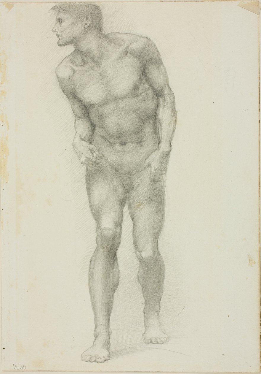 Homem nu em pé com rosto no perfil de Sir Edward Burne Jones