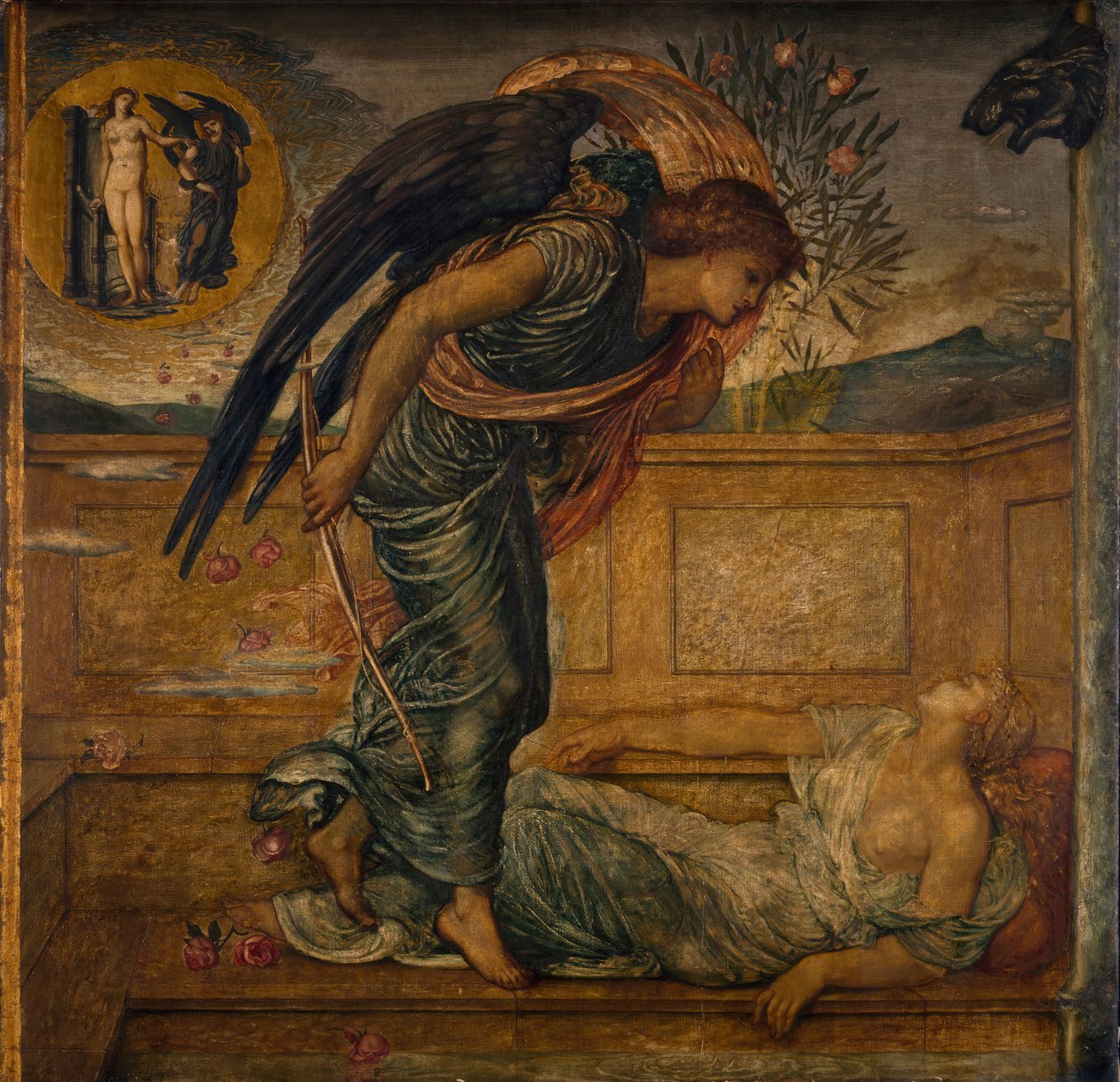 Cupido e Psique - Murais do Palácio Verde - Cupido Encontrando Psique Adormecido por uma Fonte, 1881. de Sir Edward Coley Burne Jones