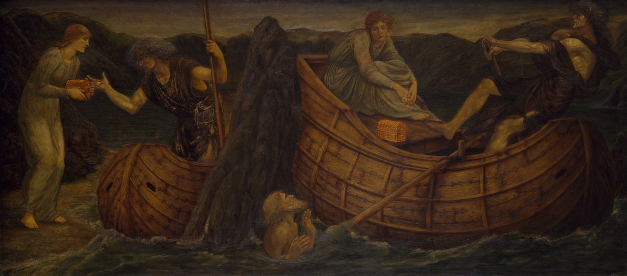 Cupido e Psique - Murais Verdes do Palácio - Psique dando a Moeda ao Barqueiro do Estige, 1881. de Sir Edward Coley Burne Jones