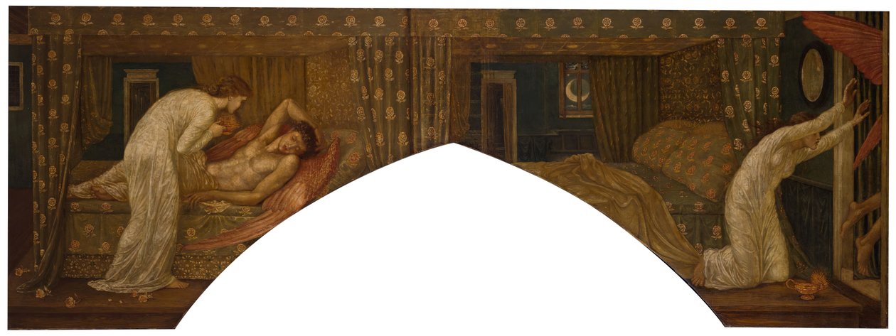 Cupido e Psique - Murais Verdes do Palácio - Psique segurando a lâmpada olha para o rosto de..., 1881. de Sir Edward Coley Burne Jones